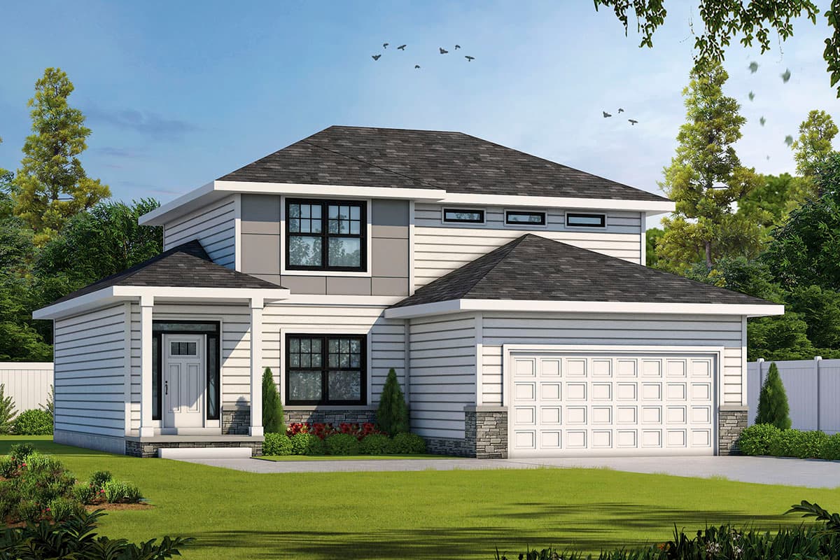 House plan exterior. Two-story modern style with horizontal siding, a gabled roof, and a front-entry garage. Features a covered entry porch.