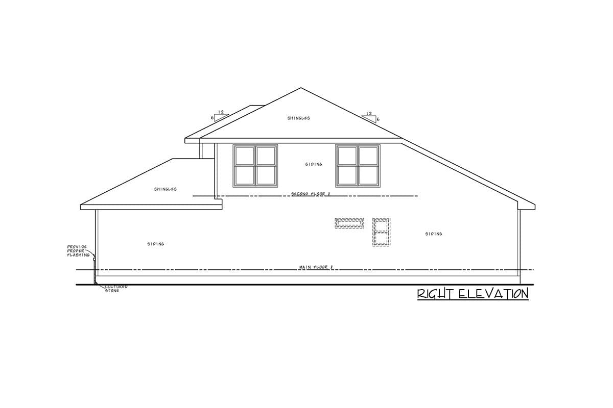 Right elevation drawing of a house plan, showing siding, shingles, two dormer windows on the second floor, and cultured stone on the first floor.