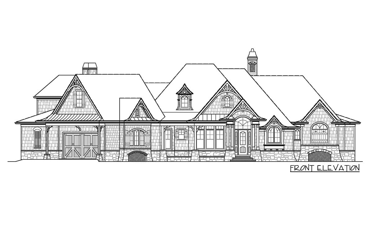 Front elevation house plan drawing showing a large, multi-gabled structure with stone and shingle exterior, porch, and a two-car garage.