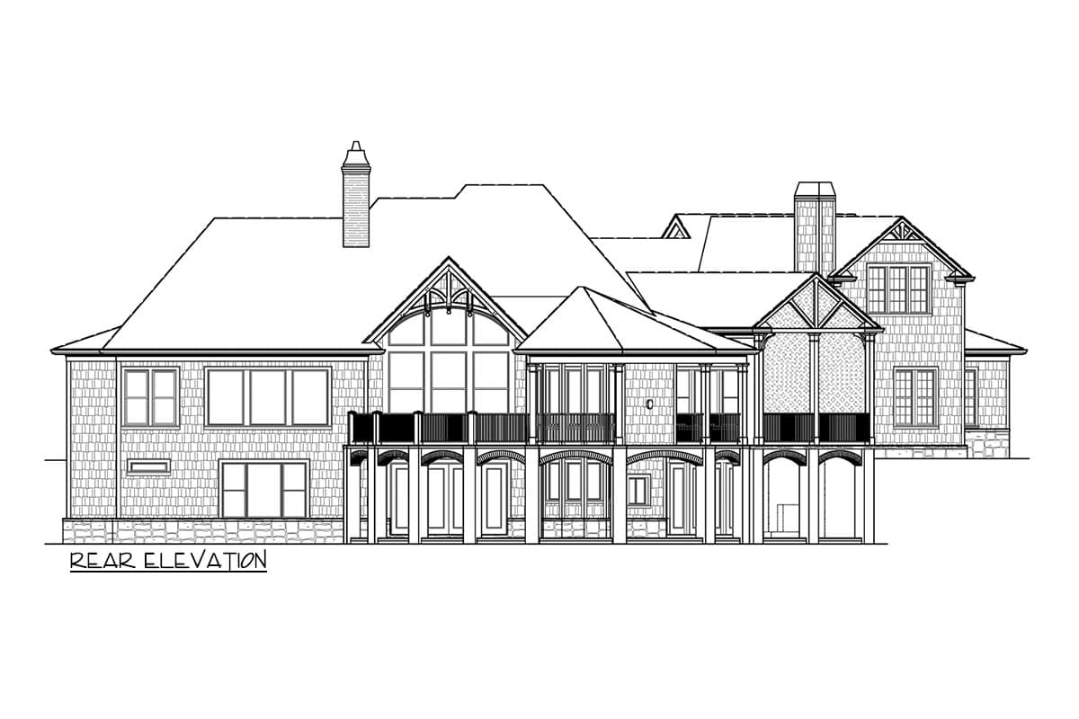 Rear elevation house plan drawing with multiple gables, arched entrances, balconies, and varied window arrangements.