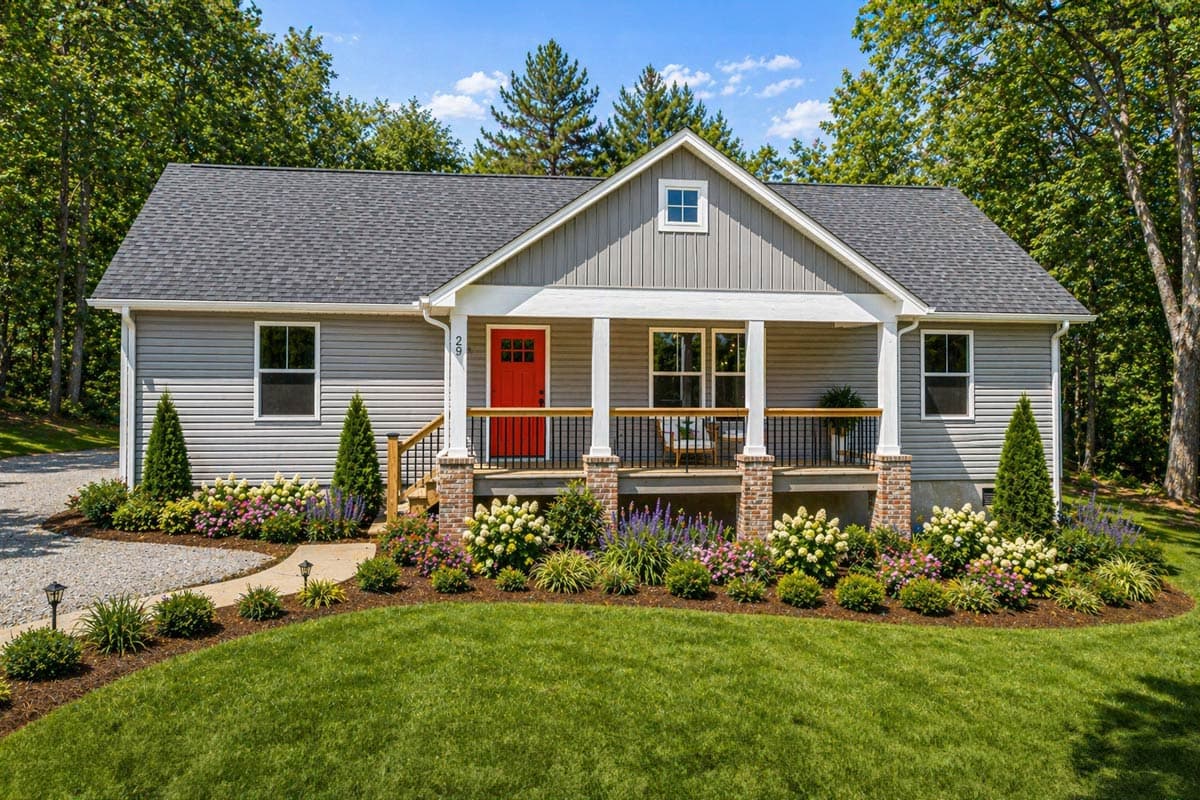 House plan exterior: Single-story Modern Farmhouse with covered front porch, gable, and dormer.