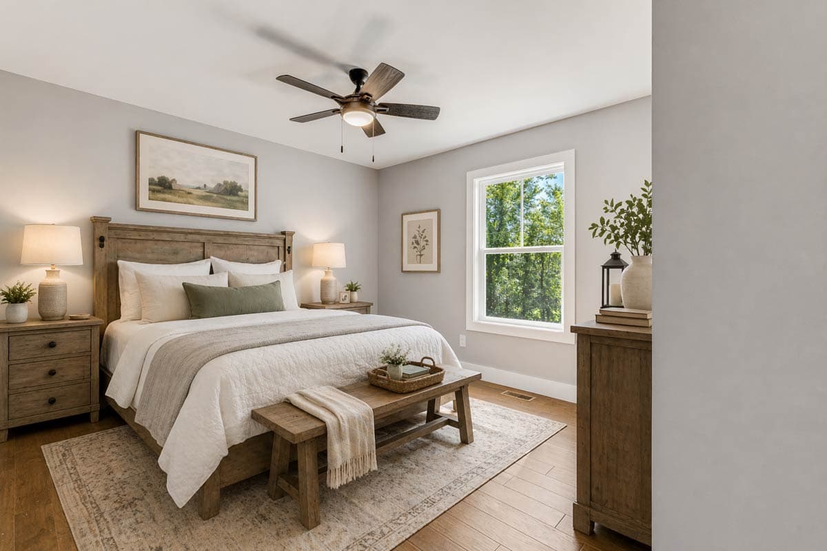 Primary bedroom with a queen bed, bedside tables, ceiling fan, and a large window overlooking trees.