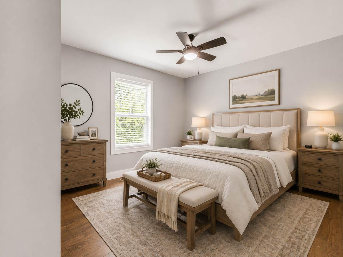 Primary bedroom with upholstered headboard, dual nightstands, dresser, bench, ceiling fan, and large window with blinds.