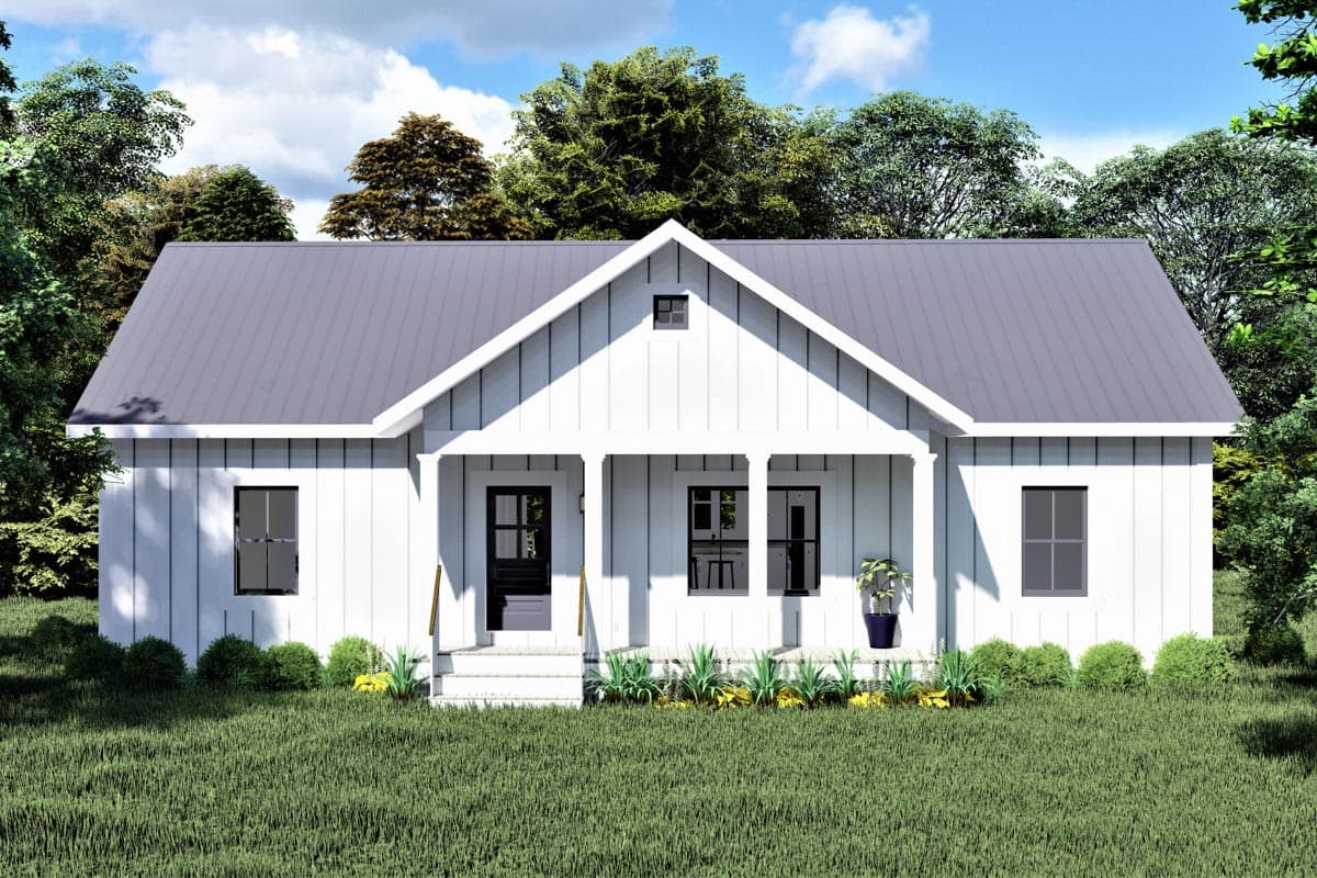 Modern Farmhouse house plan exterior with board and batten siding, metal roof, and a central covered porch with three columns.