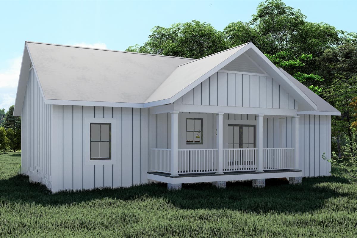 House plan exterior of a one-story Modern Farmhouse with vertical siding, a covered front porch with railings, and gabled rooflines.