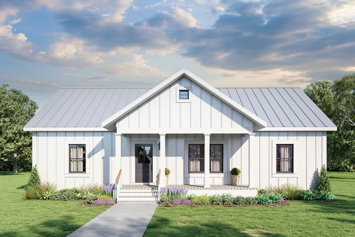 House plan exterior. One-story farmhouse with a gabled roof, a front porch with columns, and a metal roof.