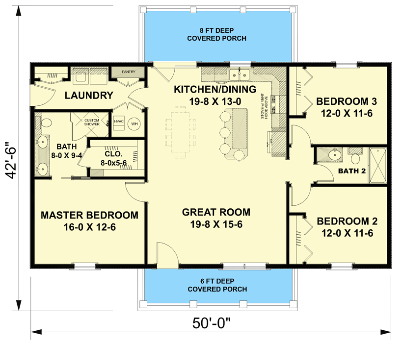 Plan 25021DH: 3-Bedroom Southern Country House Plan with Split Bedrooms - 1425 Sq Ft - Floor Plan - Main Level - Country, Southern