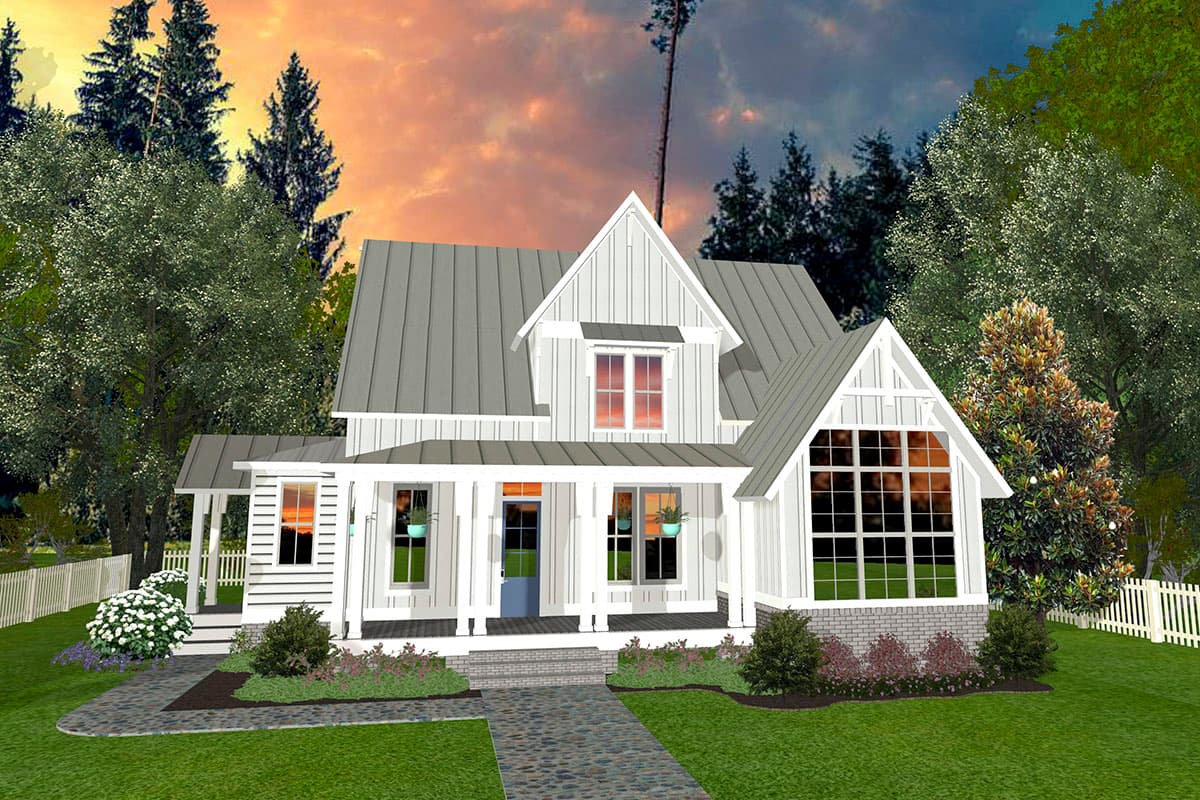 House plan exterior. Two-story Modern Farmhouse with gabled roof, porch with columns, and dormer. Features include board-and-batten siding.