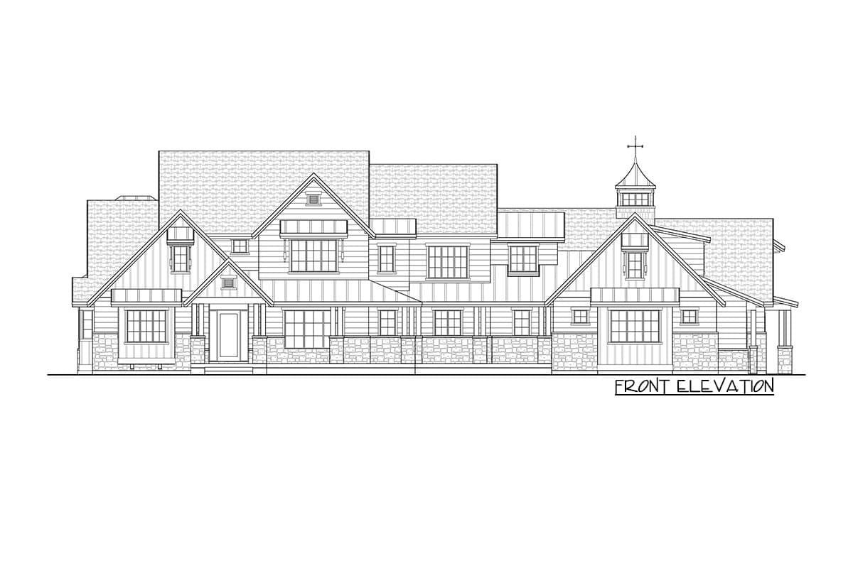 Front elevation drawing of a multi-story house with gables, dormers, covered porch, and stone base.