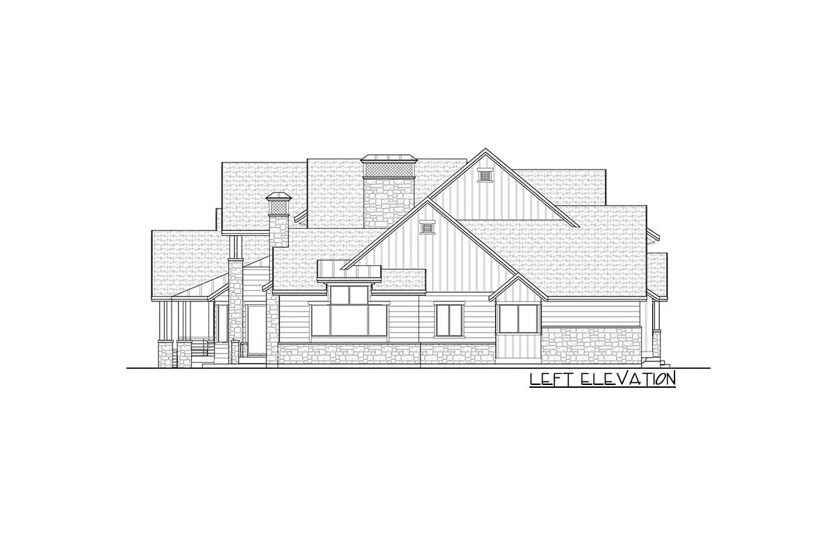 Left elevation house plan showing stone and horizontal siding, multiple gables, dormers, and a porch.