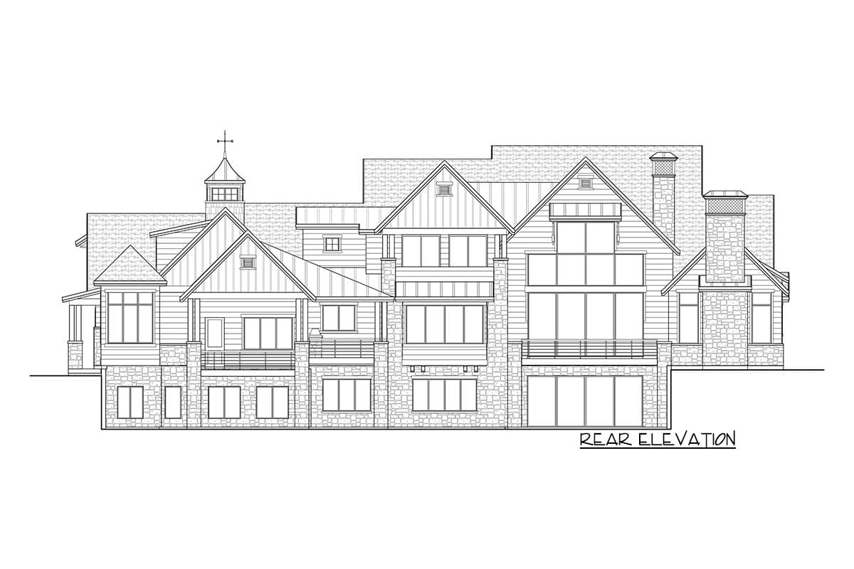 Rear elevation house plan featuring gables, stone accents, multiple balconies, and a cupola.