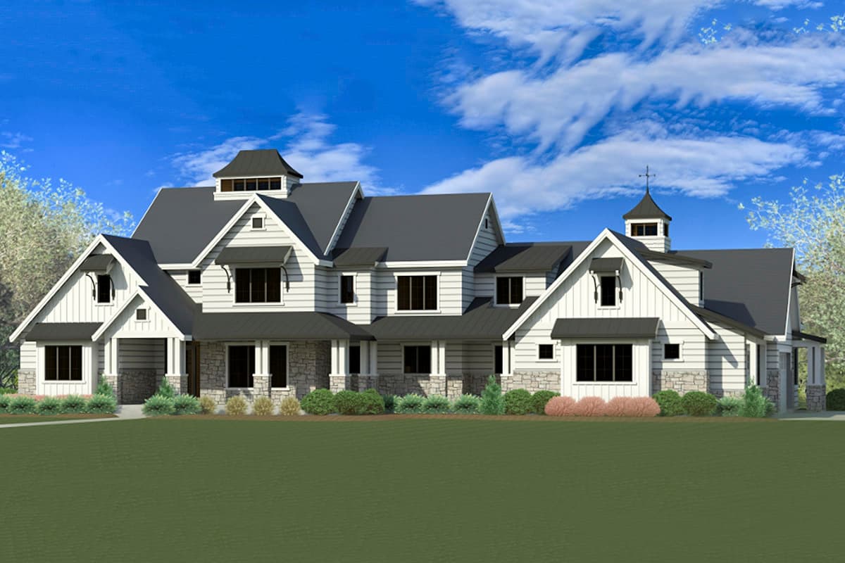 House plan exterior. Two-story Modern Farmhouse with gabled roof, dormers, and a prominent front porch. Features stone accents and dark window trim.