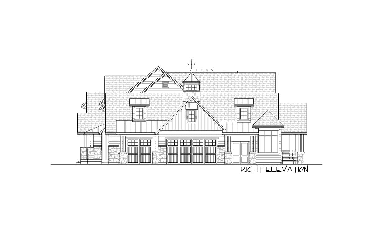 Right elevation of a house plan featuring multiple gables, dormers, a stone base, and a three-car garage.