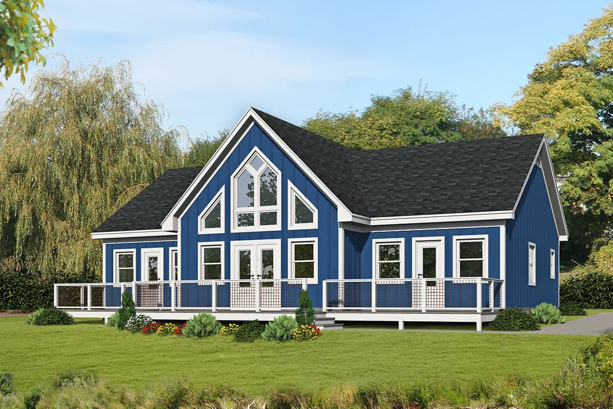 House plan exterior: Modern style, two stories, gable roof, front porch with railings, and a prominent A-frame window.