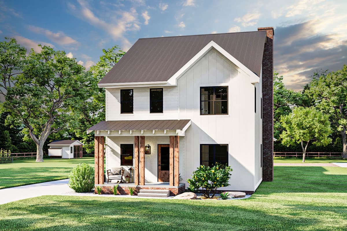 House plan exterior: Two-story Modern Farmhouse with a gabled roof, covered porch with exposed beams, and a brick chimney.