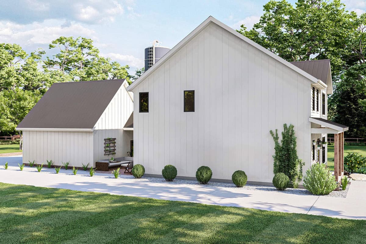Modern Farmhouse house plan exterior with white vertical siding, gable roof, and porch.