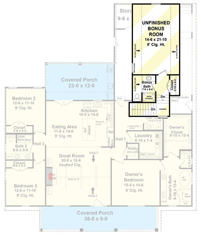 Plan 51191MM: 3-Bed New American House Plan with Potential 4th Bedroom Above the Garage - Floor Plan - Bonus Level - Country, Farmhouse, Modern Farmhouse, New American