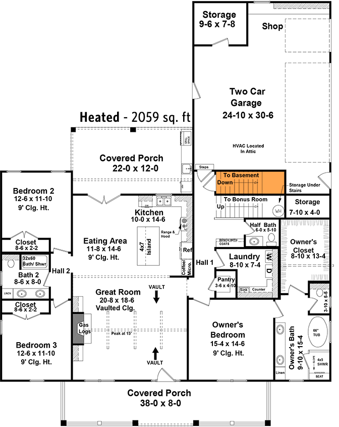 Plan 51191MM: 3-Bed New American House Plan with Potential 4th Bedroom Above the Garage - Floor Plan - Main Level - Basement Stairs Location - Country, Farmhouse, Modern Farmhouse, New American