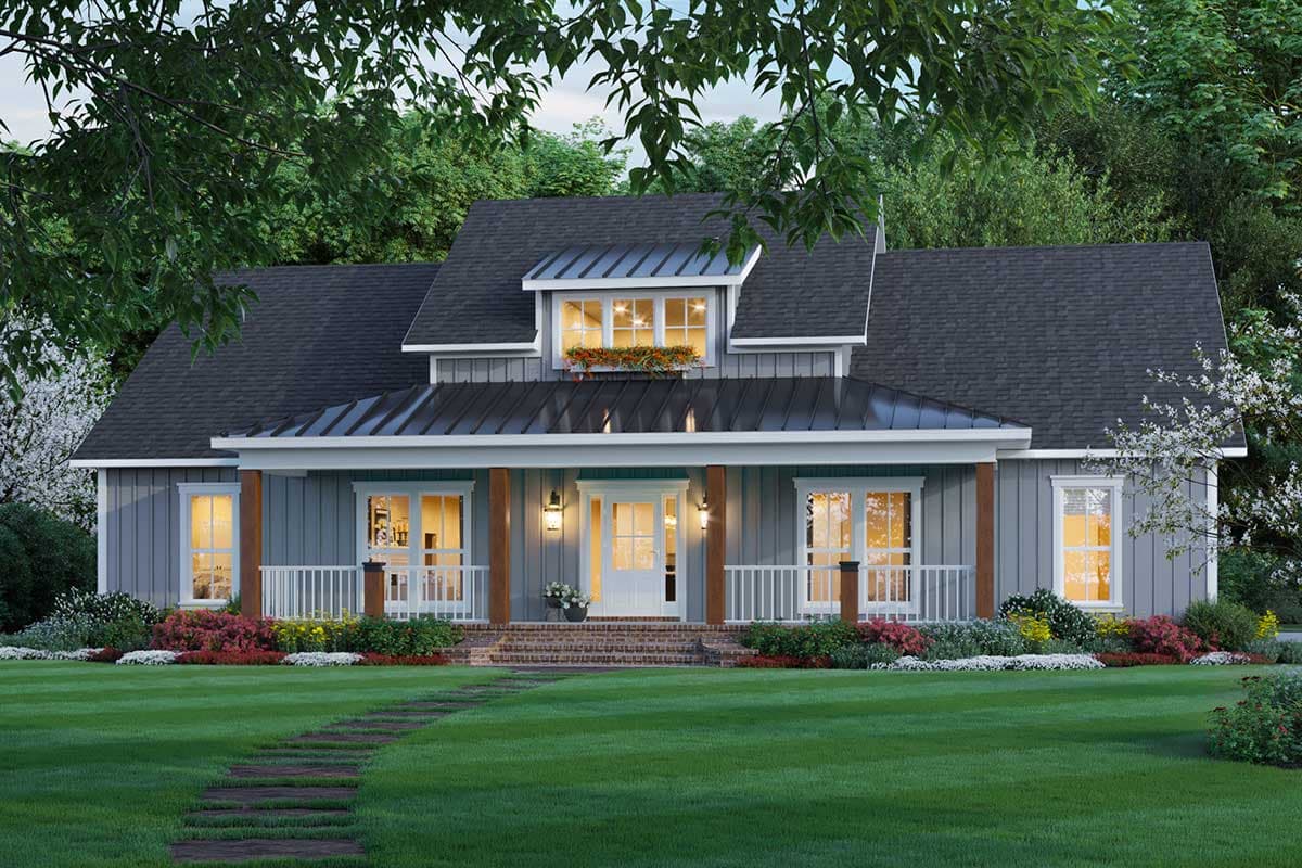 House plan exterior: Two-story Modern Farmhouse with a covered front porch, metal roof accents, and a dormer window.