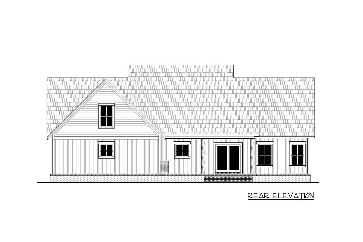 Rear elevation house plan with gabled roof, horizontal siding, and central sliding glass doors.