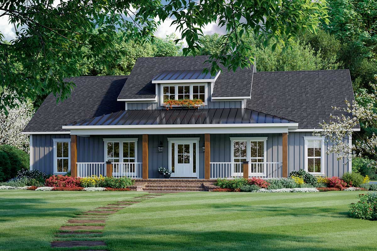 House plan exterior. Two-story home with a covered front porch, gable roof, and dormer window. Features include a metal roof over the porch.