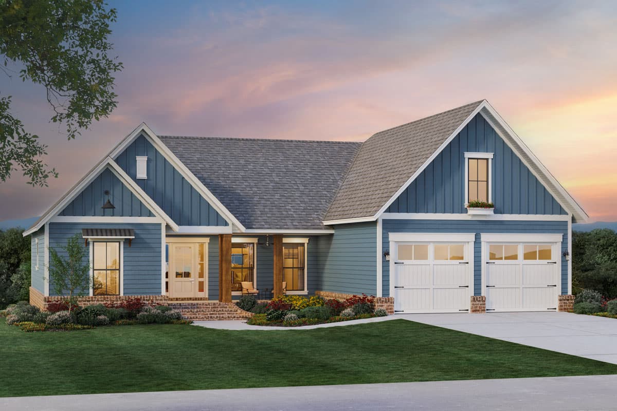 Modern Farmhouse house plan exterior with a blue facade, prominent gables, a covered entry, and a side-facing two-car garage.