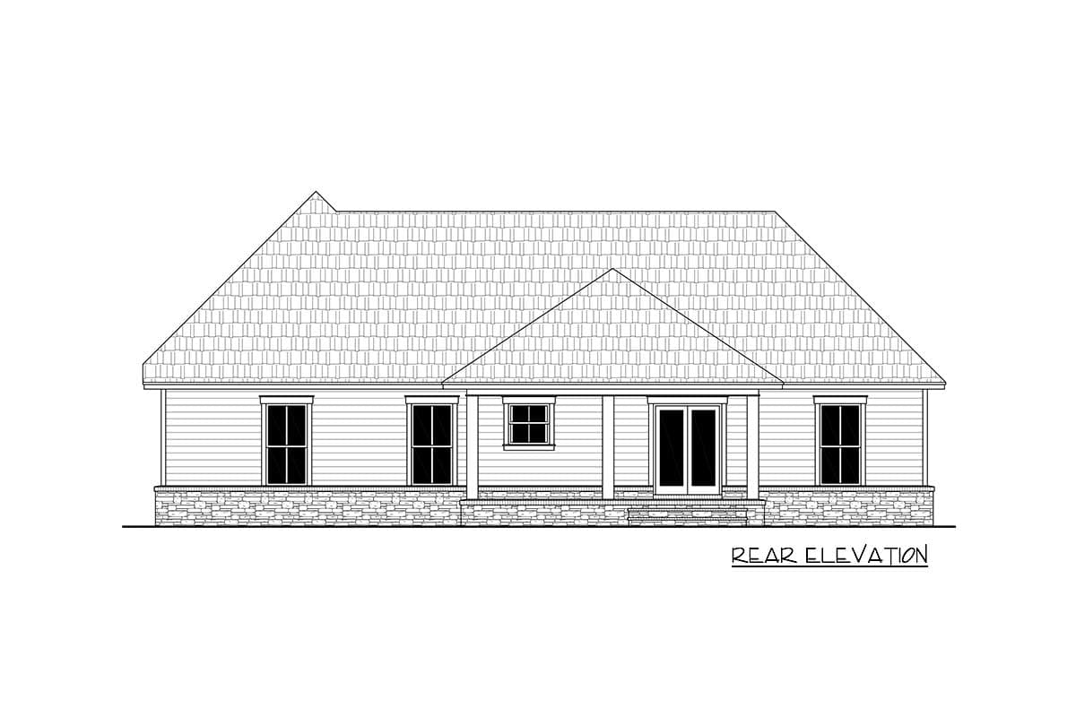 Rear elevation drawing of a one-story house plan with a pitched roof, double doors, and stone base.