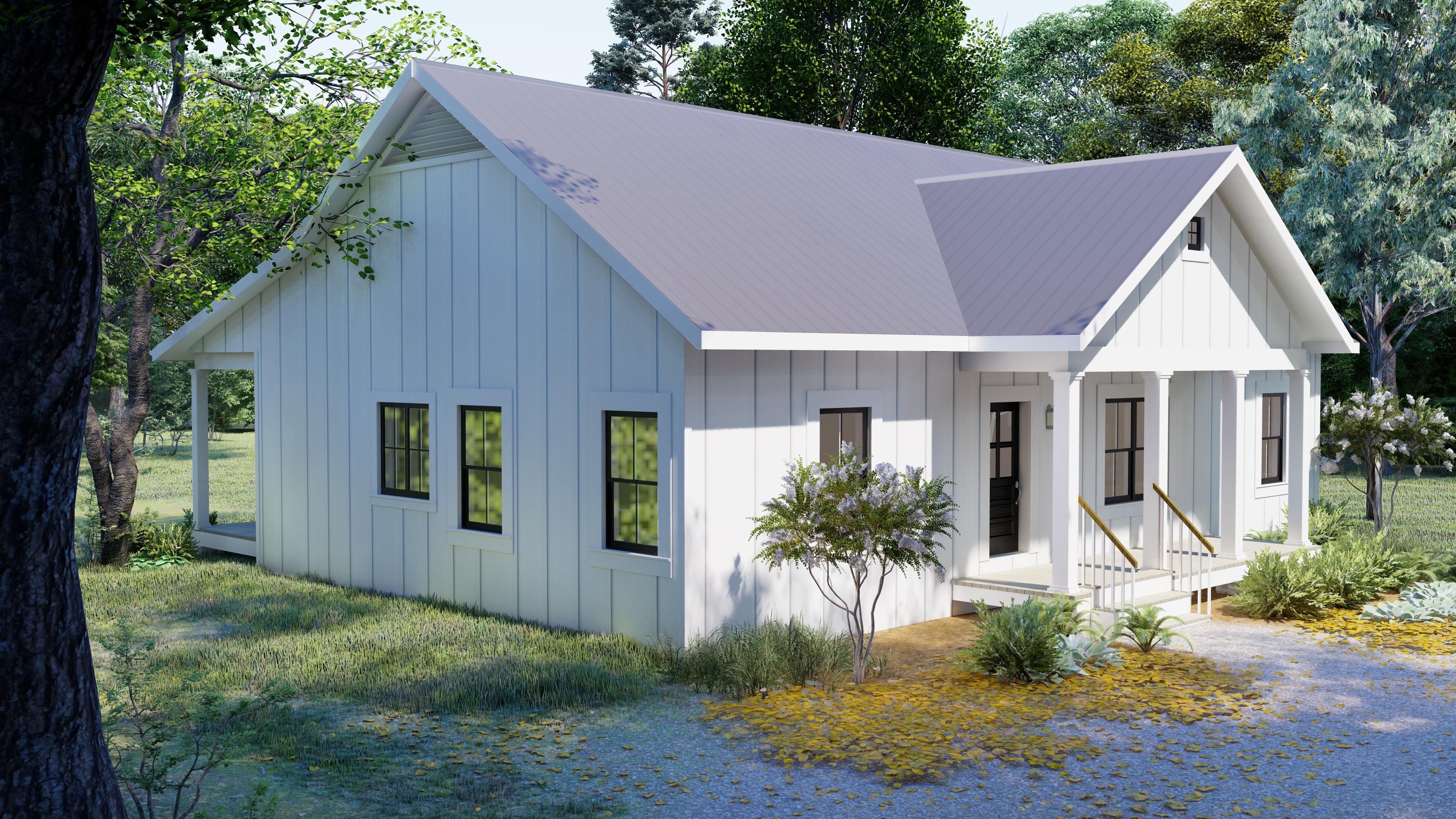 Modern Farmhouse house plan exterior with board and batten siding, gabled roof, and a covered front porch with columns.