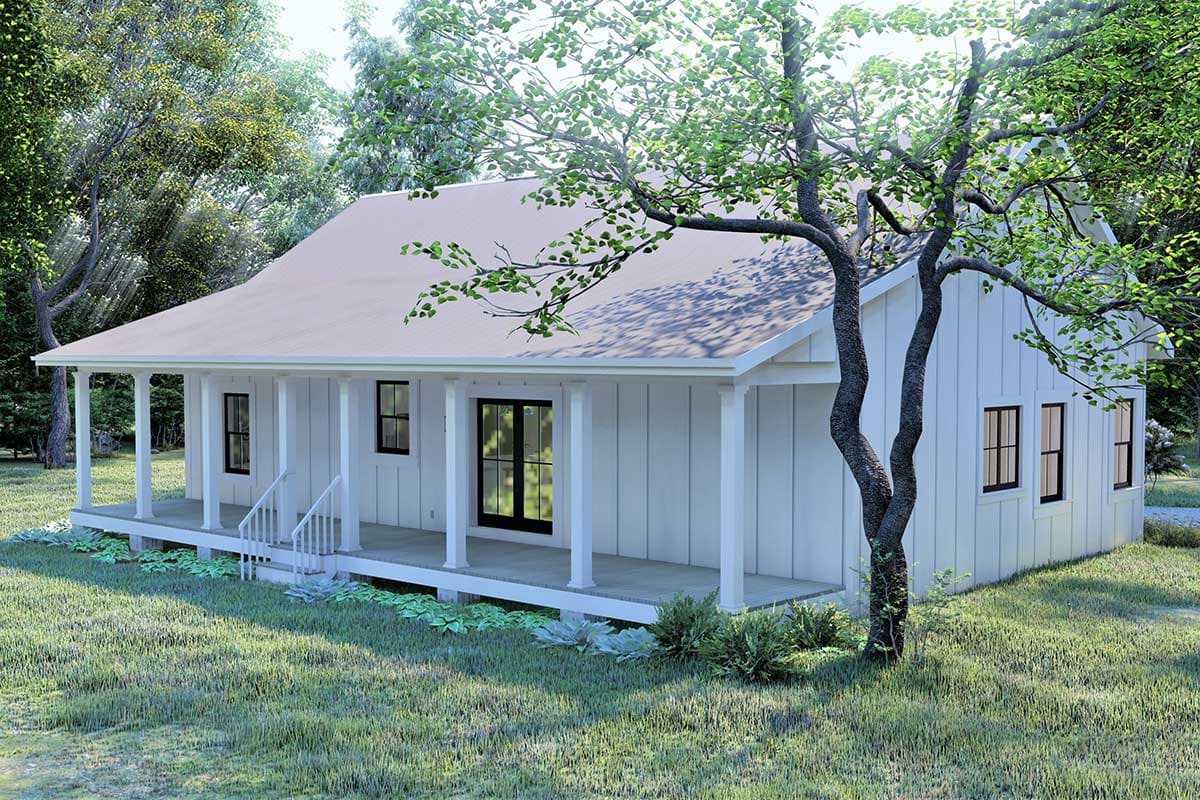 House plan exterior: Single-story Modern Farmhouse with a full-width porch, white vertical siding, and gable roof.