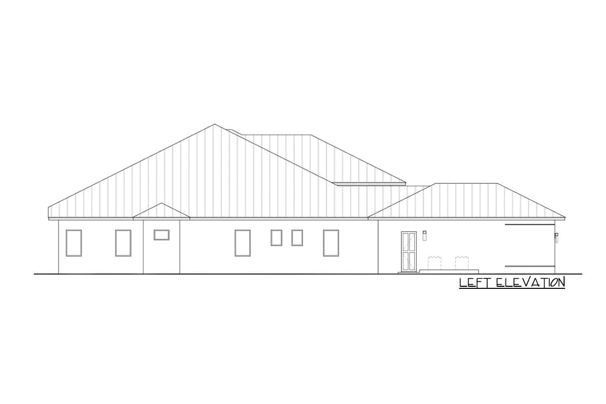 Left elevation drawing of a single-story house with a hip roof, numerous windows, and a covered entry.