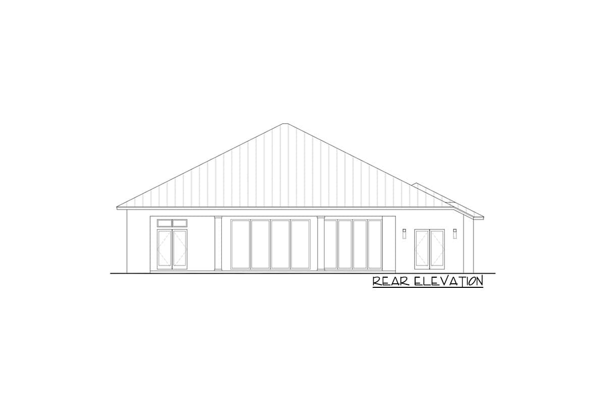 Rear elevation drawing of house plan featuring a standing seam metal roof, glass doors, and simple rectangular windows.