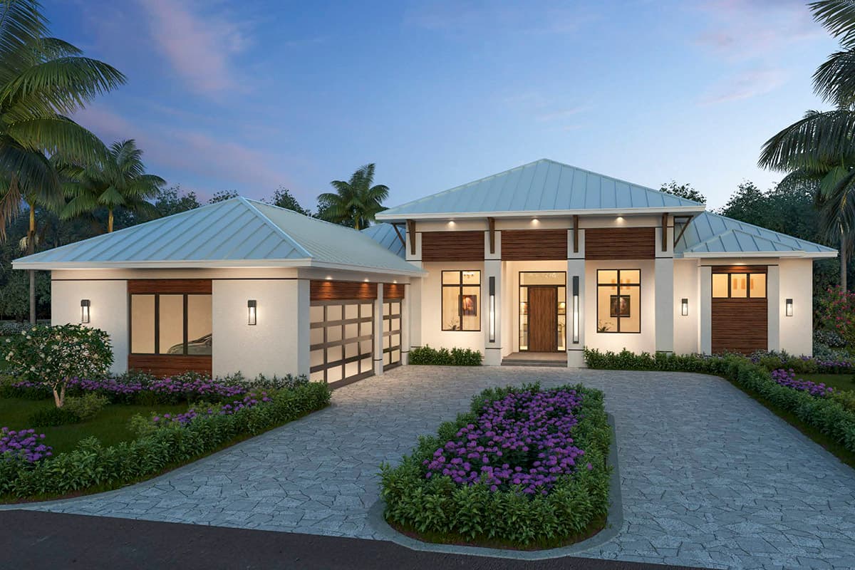 House plan exterior with modern style, featuring a low-pitched roof, horizontal wood accents, and a two-car garage with glass panels.