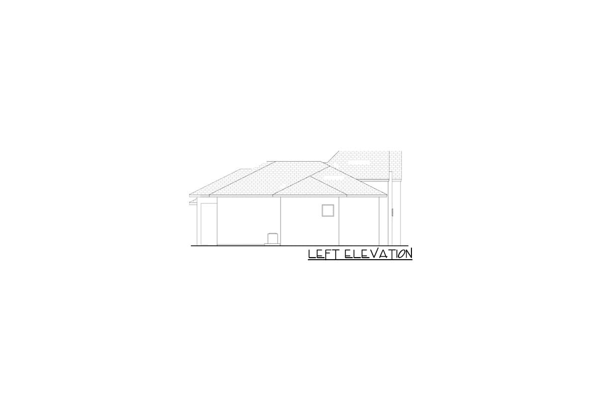 Left elevation drawing of a house plan showing rooflines, a garage, and a small window.