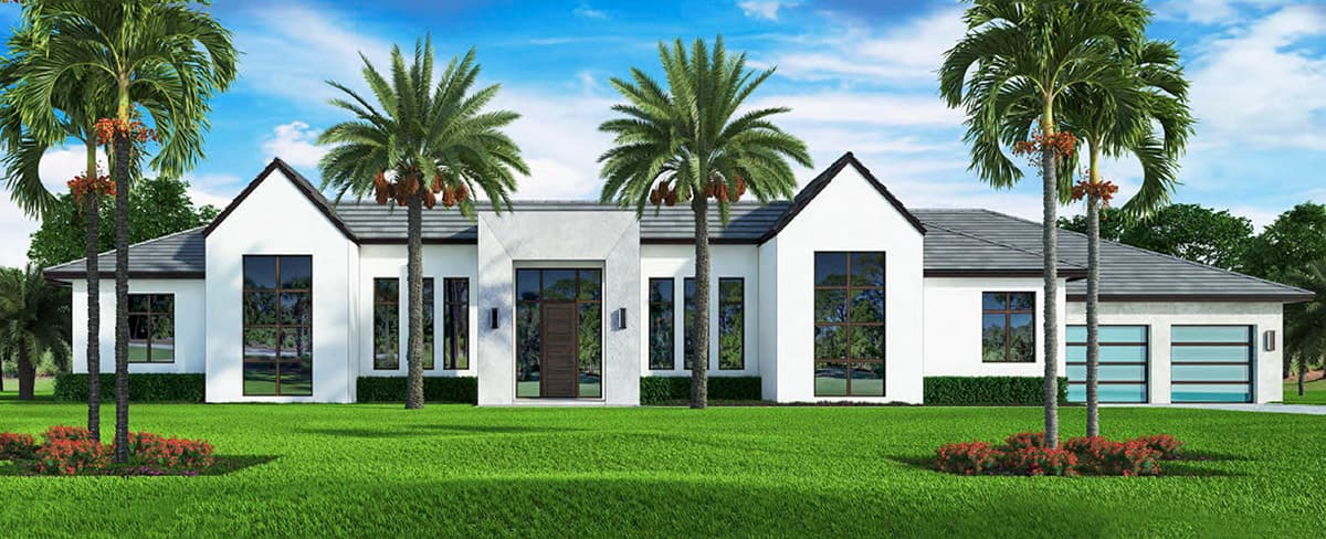 House plan exterior with modern design. Single-story home features a gabled roof, rectangular windows, and a glass-paneled garage.