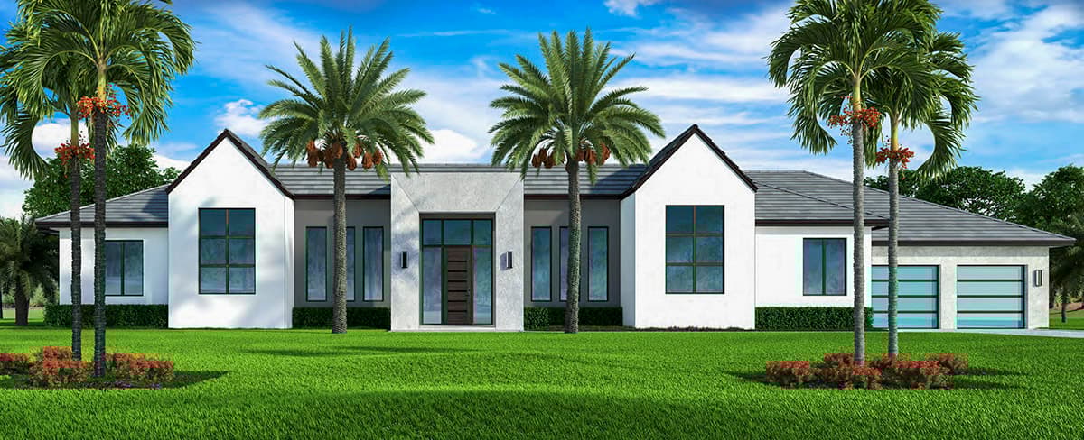 Modern house plan exterior with white stucco, gabled roofs, prominent entryway, and a three-car garage.