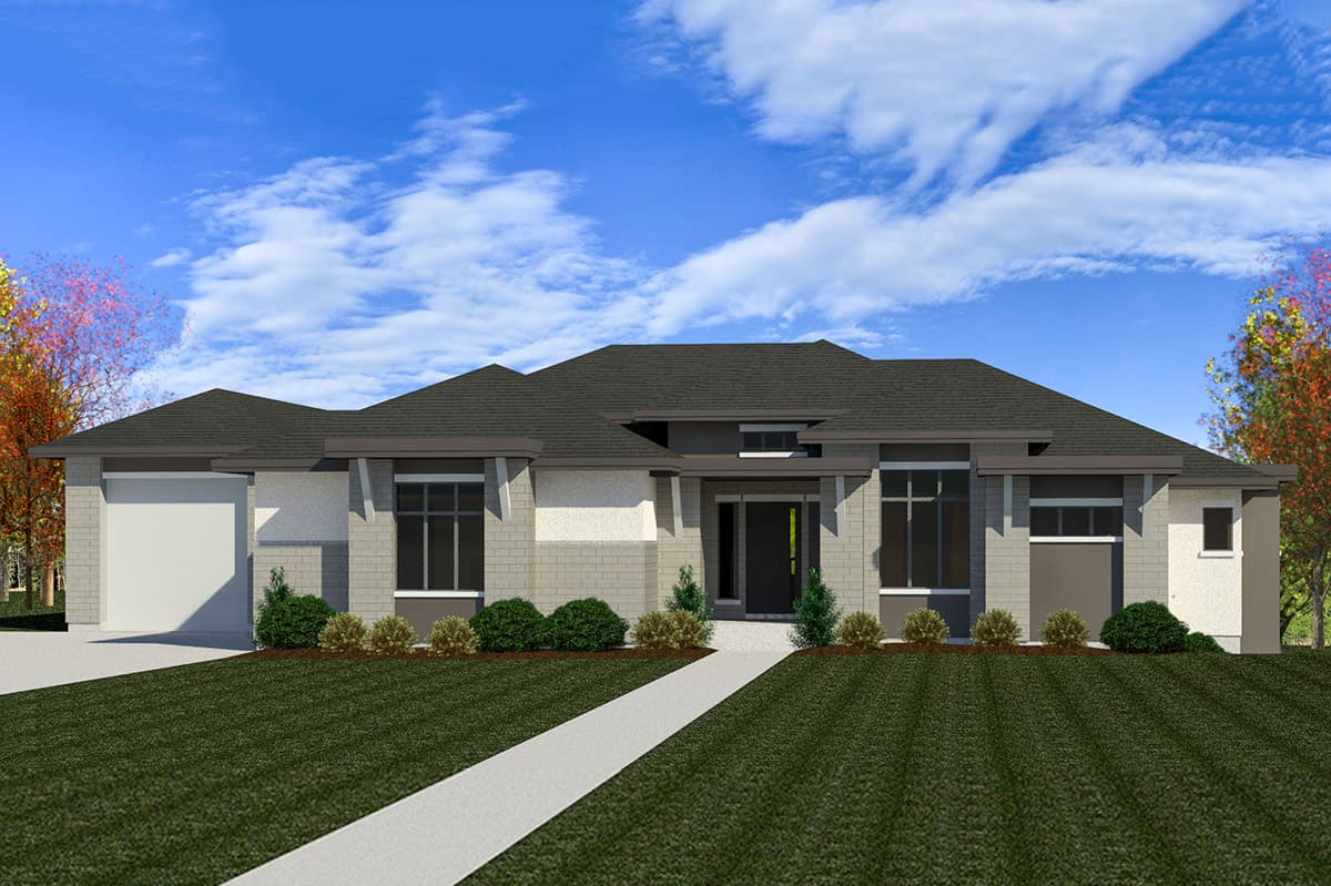House plan exterior rendering. Modern style, single story. Features include a flat roof, prominent entry, and attached garage with a side-facing door.
