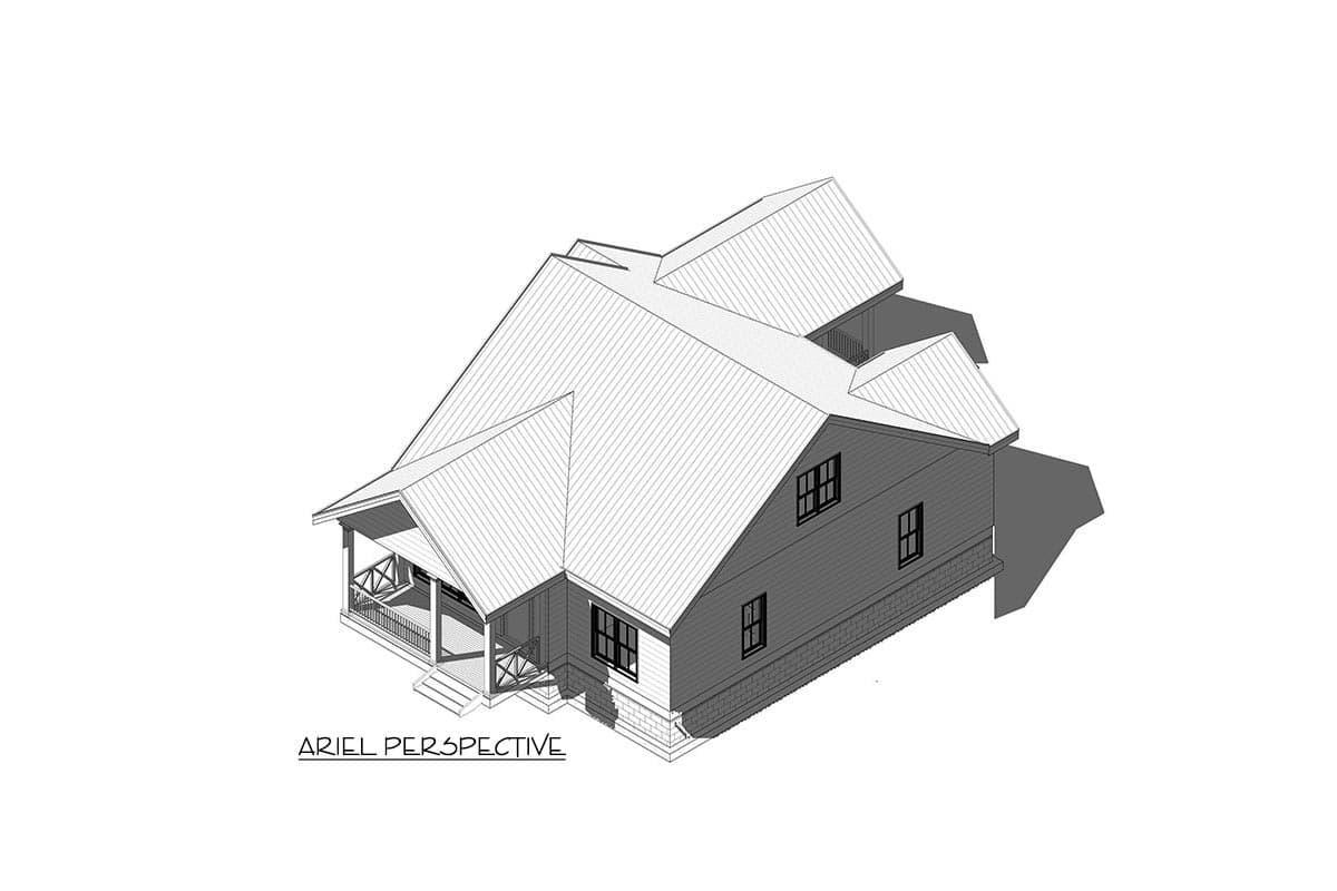 House plan exterior with wrap-around porch, multiple gables, and varied rooflines.