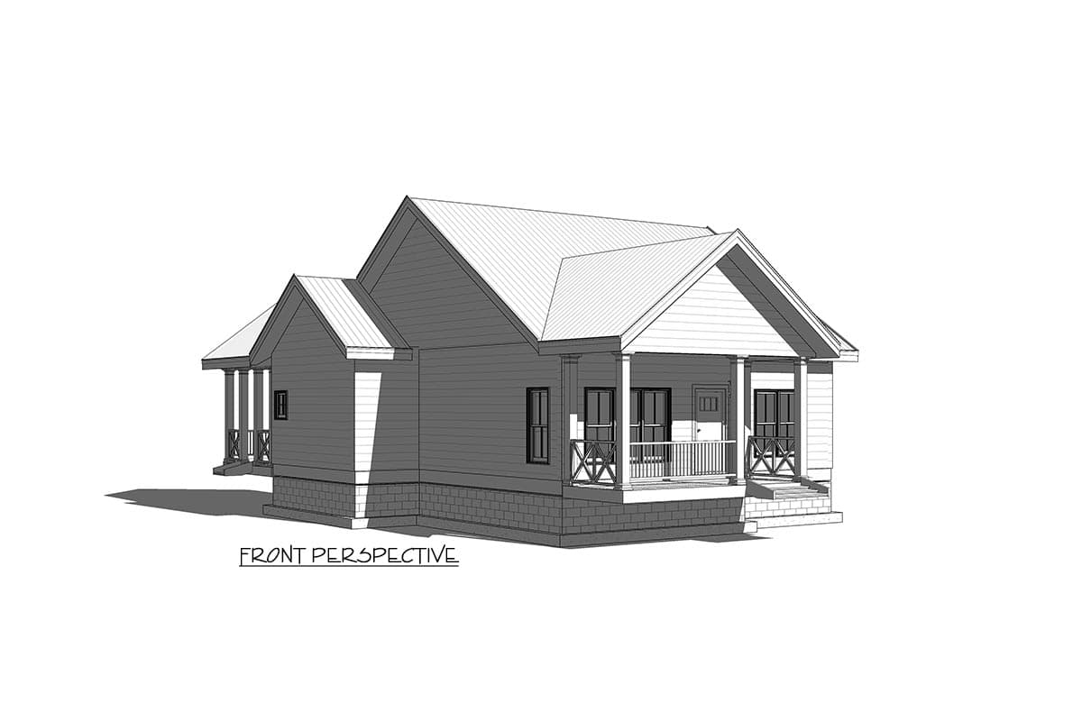 House plan exterior of a single-story home with a gabled roof, front porch with columns, and stone foundation.