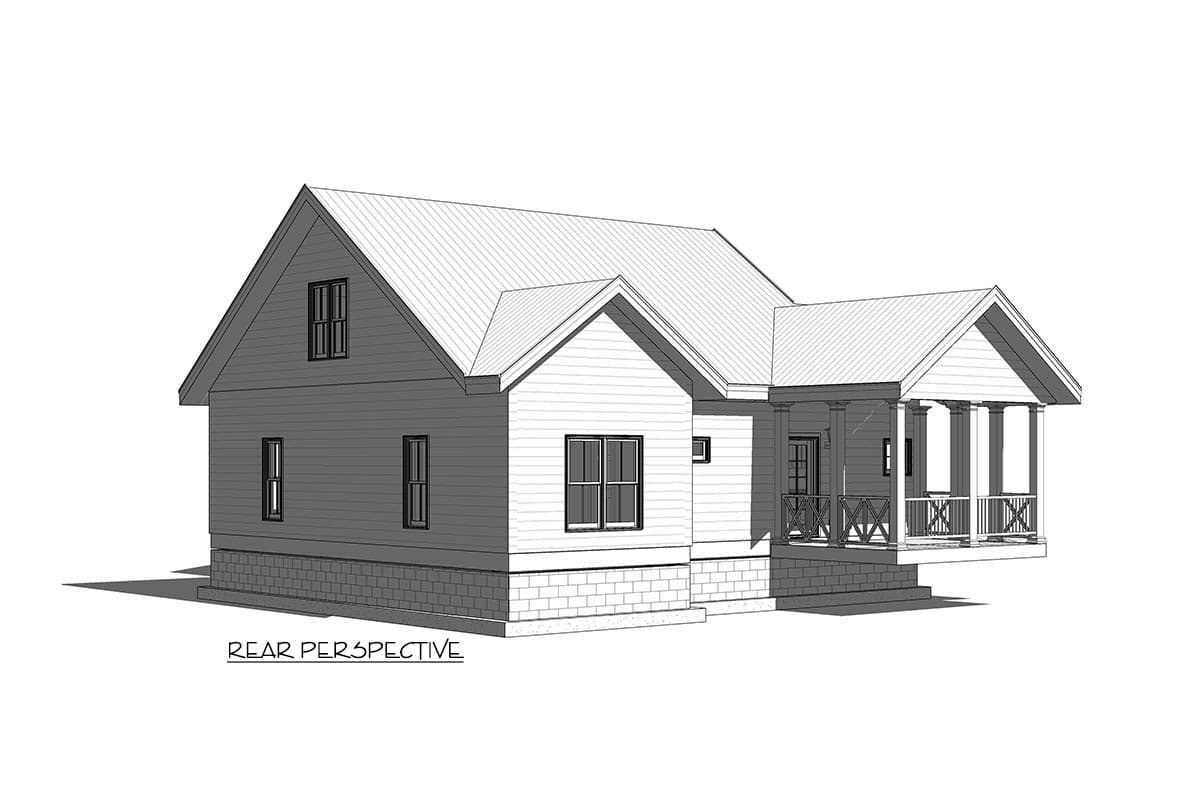House plan exterior, two-story, side-facing entrance with gabled roof, dormer window, and brick foundation.