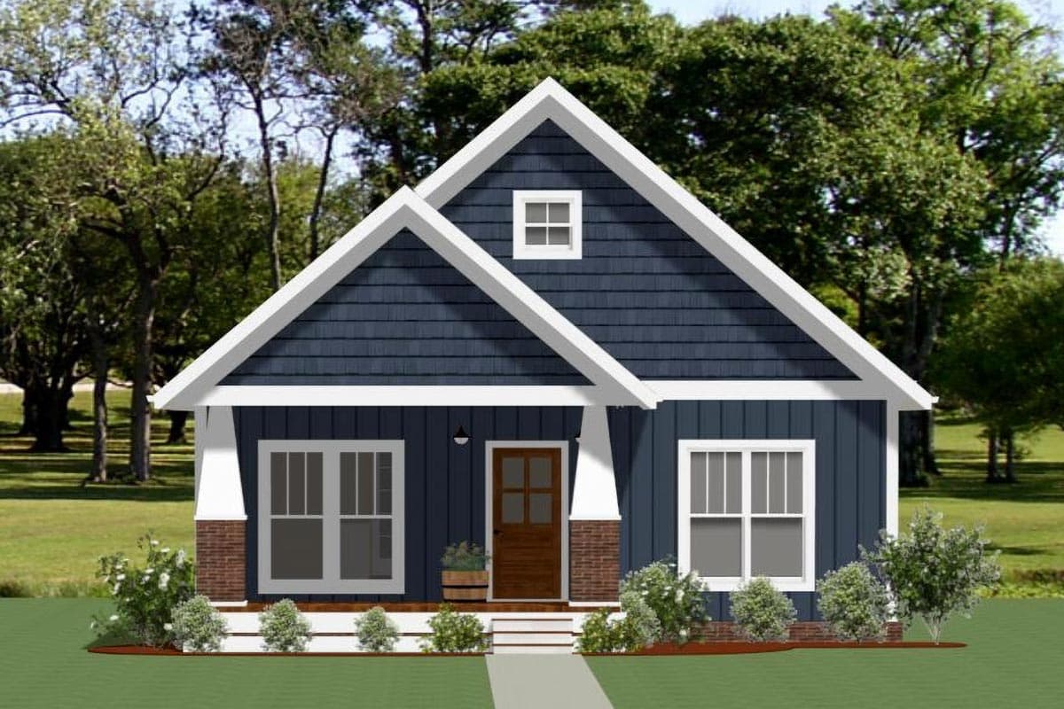 House plan exterior rendering. Features a Craftsman style with a gabled roof, small porch, and brick accents on the facade.