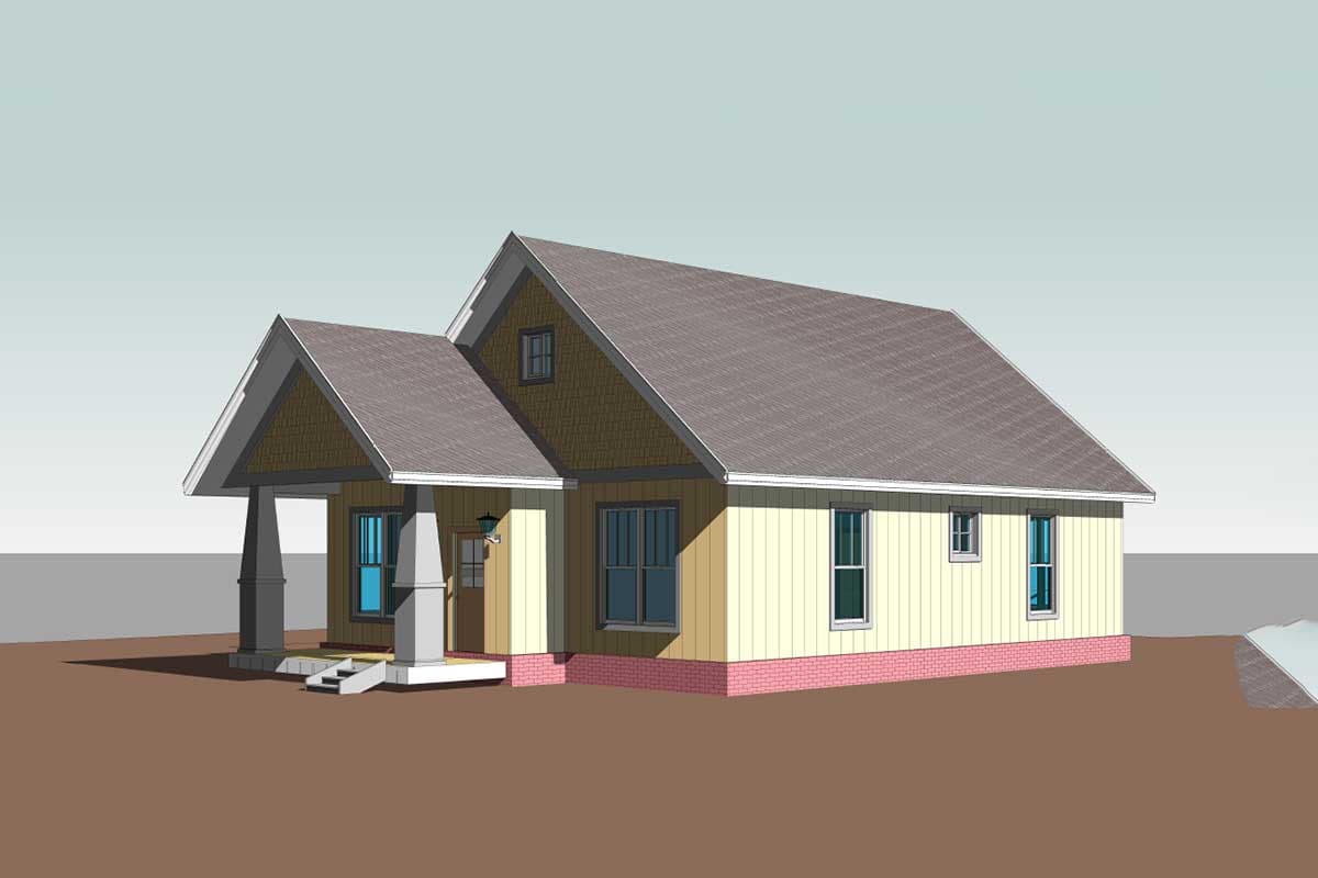 House plan exterior: one-story home with a covered front porch supported by two square columns, gable dormer, and clapboard siding.