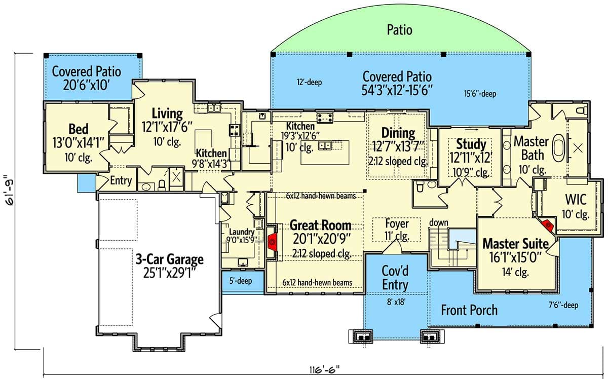 Plan 95099RW: Luxury Mountain Craftsman Home Plan for Side-sloping Lot - 3380 Sq Ft - Floor Plan - Main Level - Craftsman, Mountain, New American