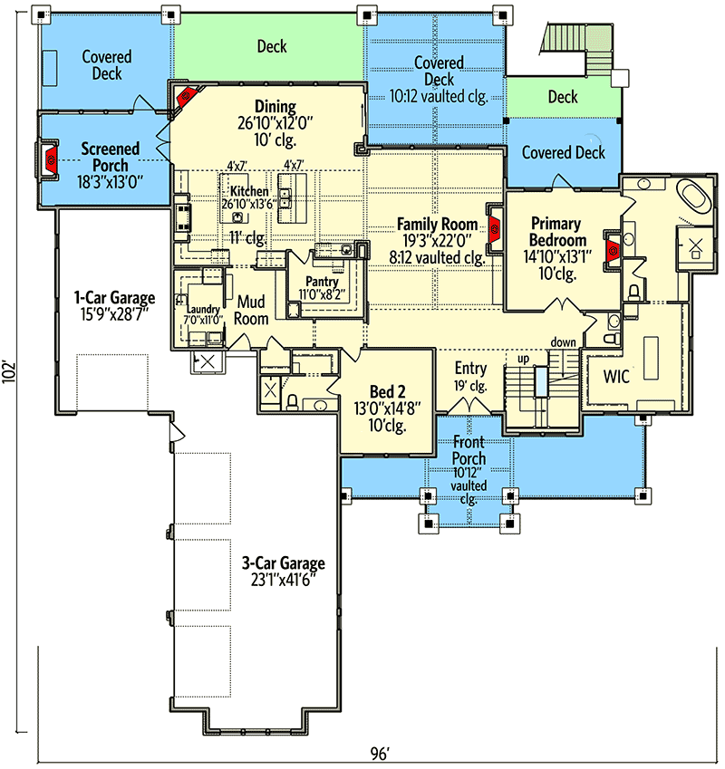 Plan 95100RW: Craftsman with 4-Car Garage and 2-Story Family Room and an Upstairs Office - 3456 Sq Ft - Floor Plan - Main Level - Craftsman, Mountain, Rustic