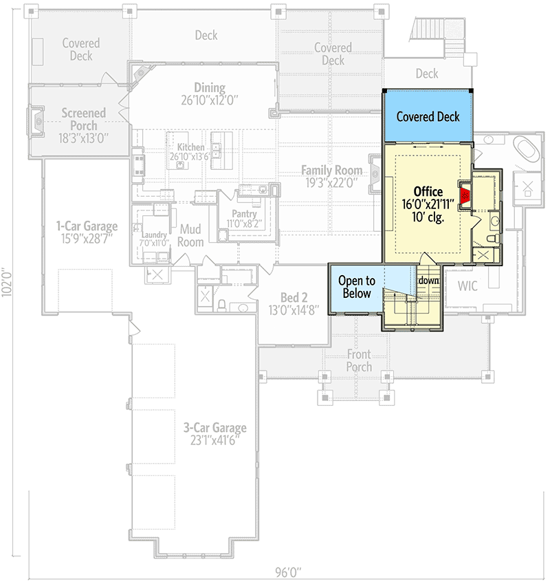 Plan 95100RW: Craftsman with 4-Car Garage and 2-Story Family Room and an Upstairs Office - 3456 Sq Ft - Floor Plan - Second Level - Craftsman, Mountain, Rustic