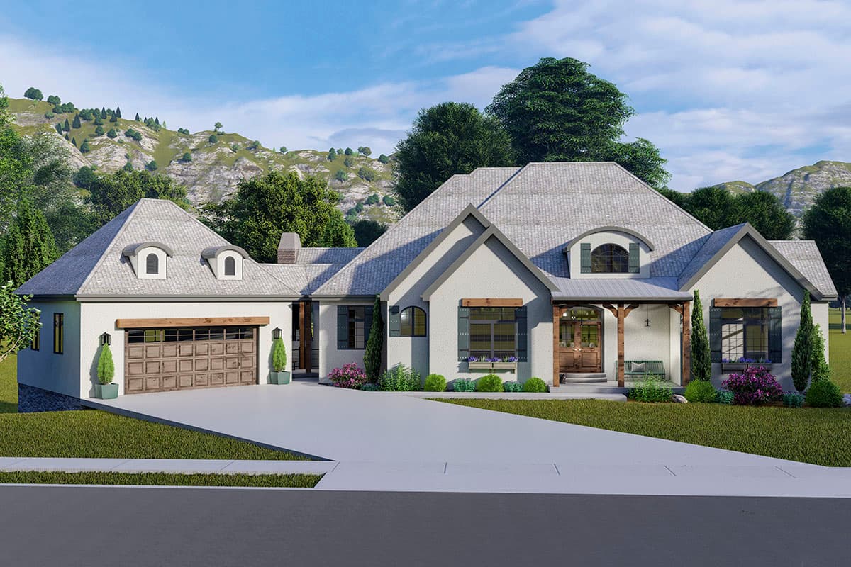 House plan exterior. One-story with gabled roof, dormers, and a covered porch. Attached garage has carriage-style door.