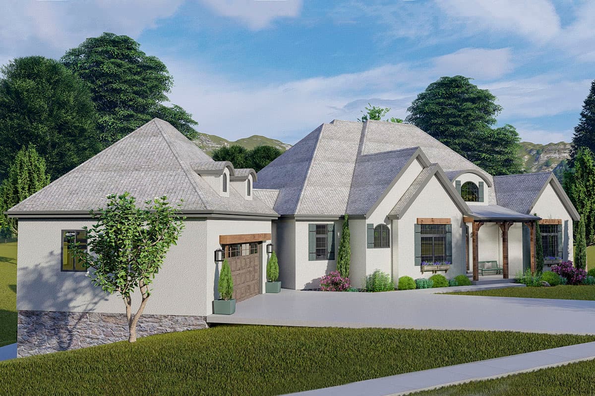 House plan exterior: European style, one-story, with a covered entry porch, gabled roof, and side-facing garage.
