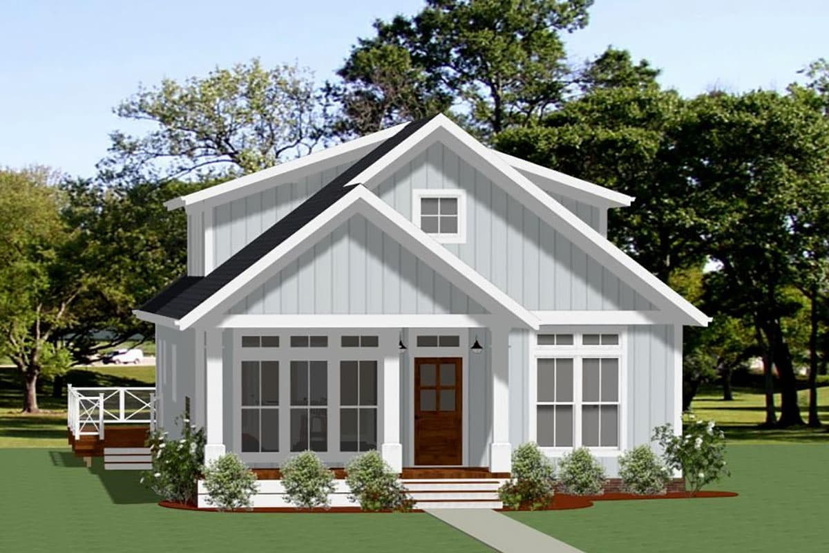 House plan exterior. Two-story Modern Farmhouse with gabled roof, front porch with columns, and dormer window.