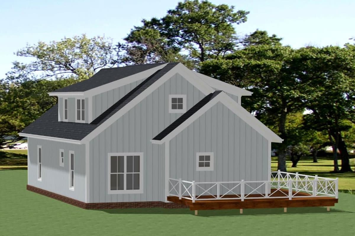 House plan exterior: Modern Farmhouse style, two stories, dormer window, board and batten siding, and a wrap-around deck.