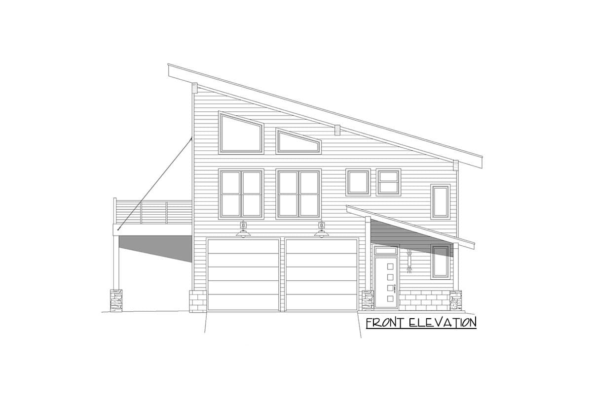 Front elevation of a two-story house plan with a steeply pitched roof, two-car garage, and a covered entry.