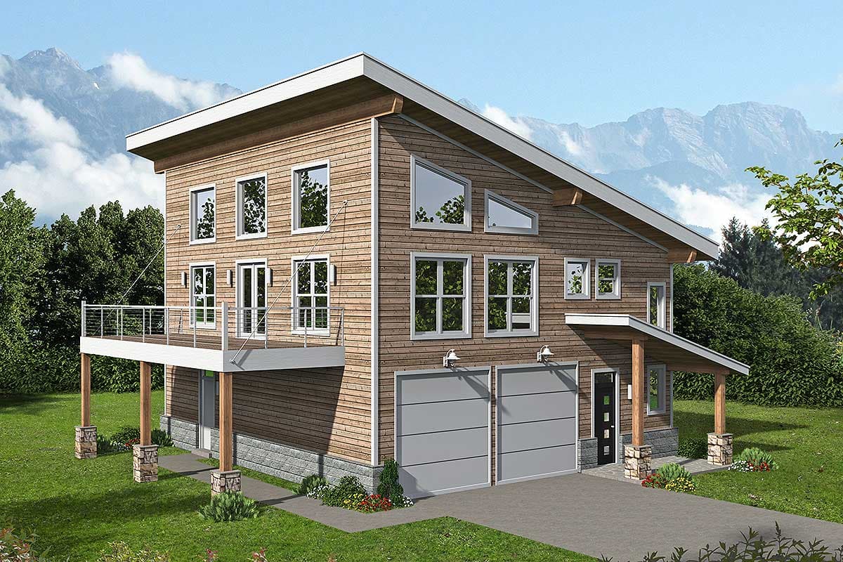 House plan exterior. Two-story Modern house with a shed roof. Features include a deck, a two-car garage, and large windows.